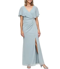 Ignite Evenings Glitter Mesh Chiffon Surplice Overlay Ruched Waist Long Dress