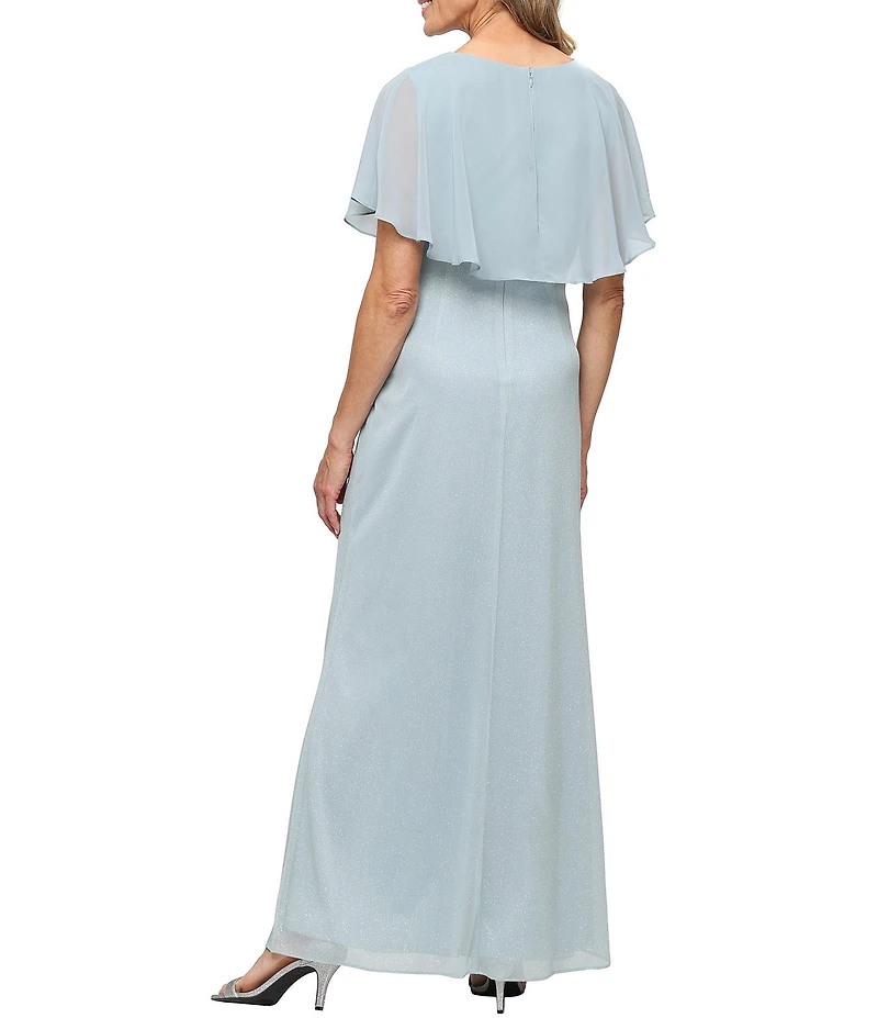 Ignite Evenings Glitter Mesh Chiffon Surplice Overlay Ruched Waist Long Dress