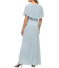 Ignite Evenings Glitter Mesh Chiffon Surplice Overlay Ruched Waist Long Dress