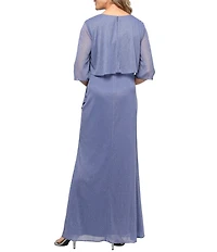 Ignite Evenings Glitter Mesh Embellished V-Neck Mock Jacket Dress