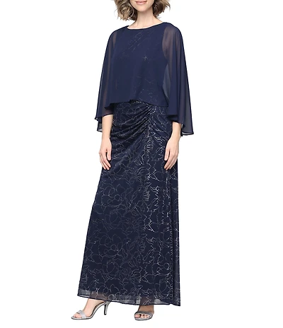 Ignite Evenings Glitter Mesh Gathered Waist Chiffon Overlay Long Dress