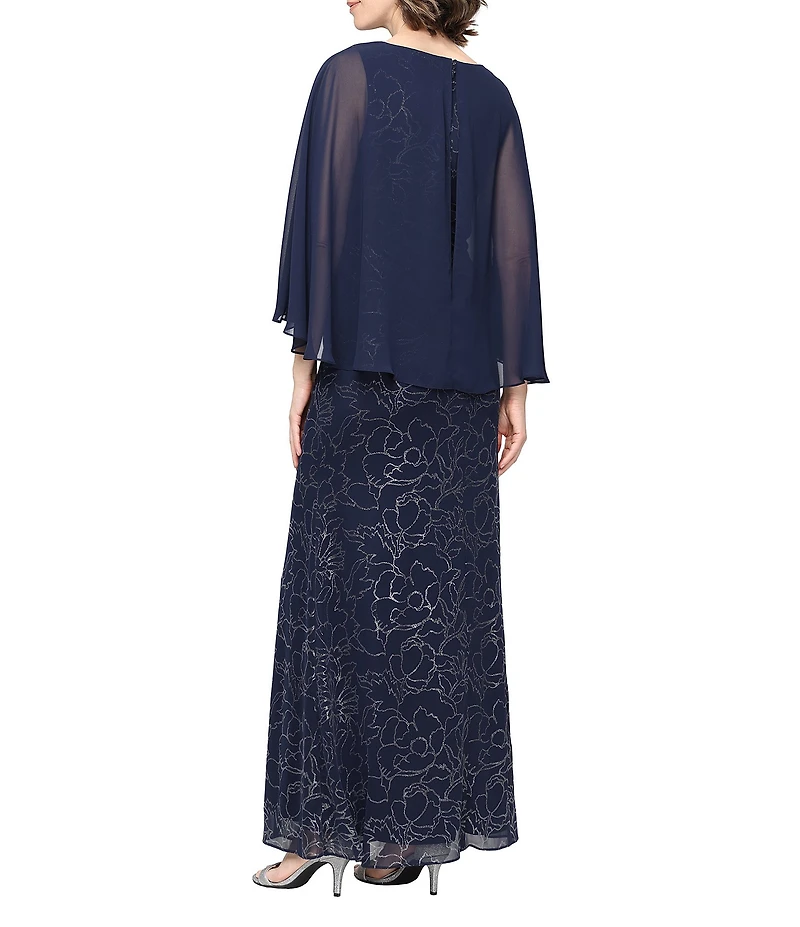 Ignite Evenings Glitter Mesh Gathered Waist Chiffon Overlay Long Dress