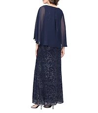 Ignite Evenings Glitter Mesh Gathered Waist Chiffon Overlay Long Dress