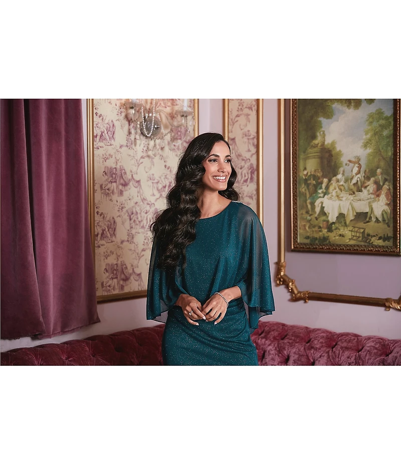 Ignite Evenings Glitter Mesh Overlay Bodice Capelet Sleeve Sheath Dress