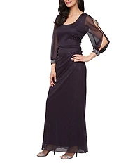Ignite Evenings Glitter Mesh Scoop Neck Cold Shoulder Sleeve Beaded Cuff Dress