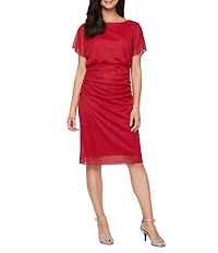 Ignite Evenings Glitter Mesh Scoop Neck Short Flutter Sleeve Blouson Dress