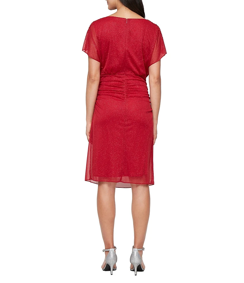 Ignite Evenings Glitter Mesh Scoop Neck Short Flutter Sleeve Blouson Dress