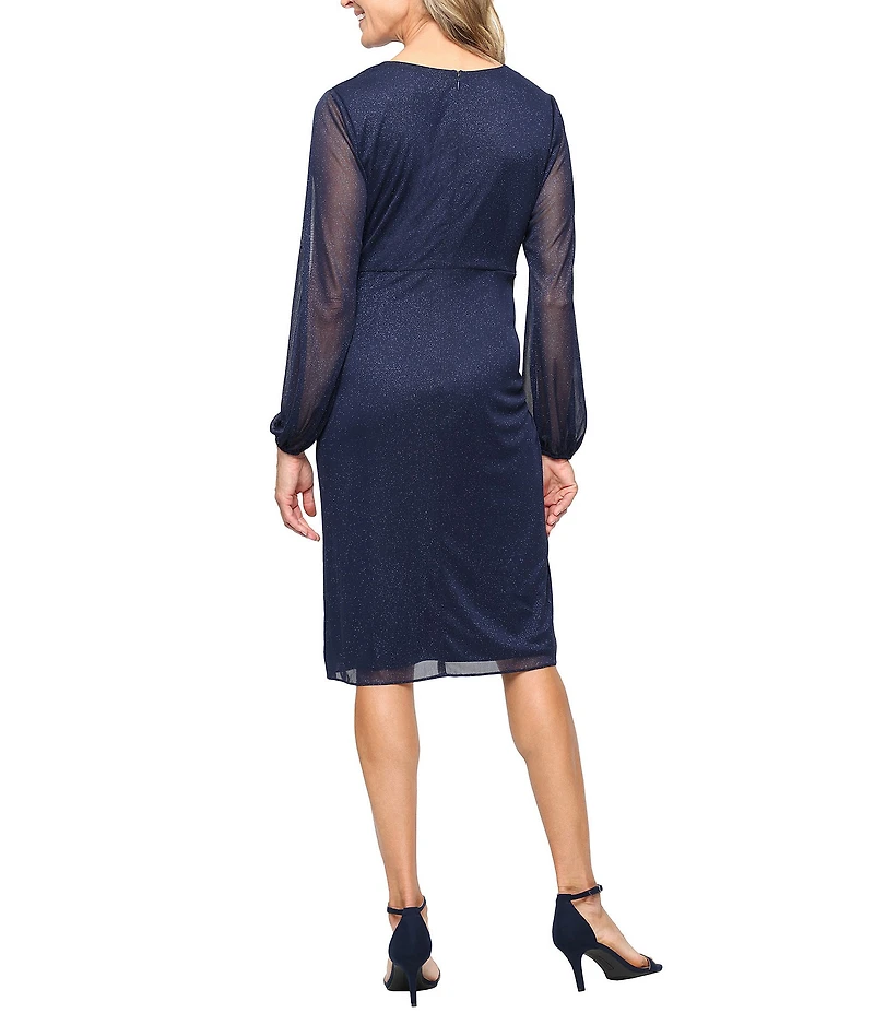 Ignite Evenings Glitter Mesh Surplice Neck Long Illusion Sleeve Midi Dress