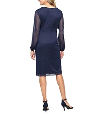 Ignite Evenings Glitter Mesh Surplice Neck Long Illusion Sleeve Midi Dress