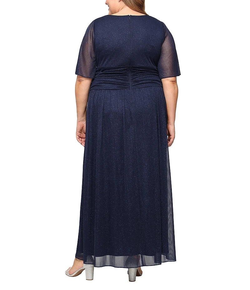 Ignite Evenings Glitter Mesh Surplice Neck Short Flutter Sleeve Ruched Waist A-Line Gown