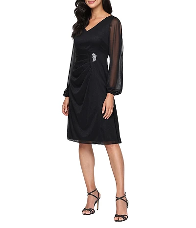 Ignite Evenings Glitter Mesh V-Neck Long Bubble Sleeve Asymmetrical Empire Dress