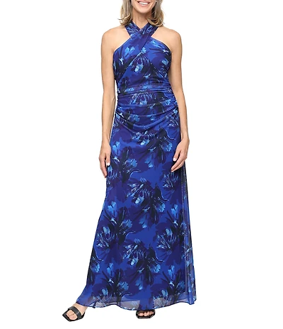 Ignite Evenings Halter Neck Printed Mesh Long Dress