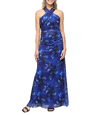 Ignite Evenings Halter Neck Printed Mesh Long Dress