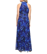 Ignite Evenings Halter Neck Printed Mesh Long Dress