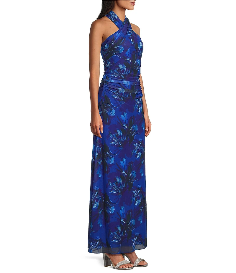 Ignite Evenings Halter Neck Printed Mesh Long Dress
