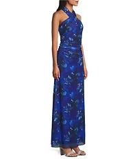 Ignite Evenings Halter Neck Printed Mesh Long Dress