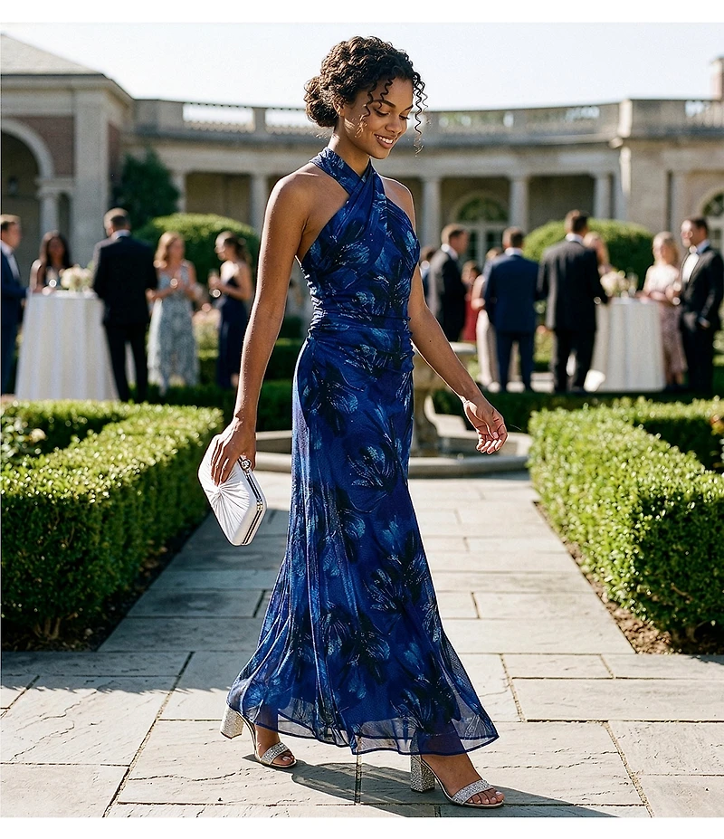 Ignite Evenings Halter Neck Printed Mesh Long Dress