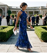 Ignite Evenings Halter Neck Printed Mesh Long Dress