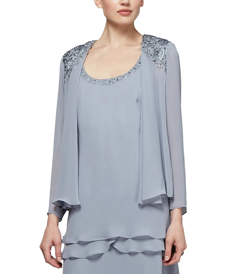 Ignite Evenings Scoop Neck Chiffon Tiered 2-Piece Jacket Dress