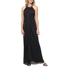 Ignite Evenings Long Sleeveless Glitter Mesh Beaded Halter Dress