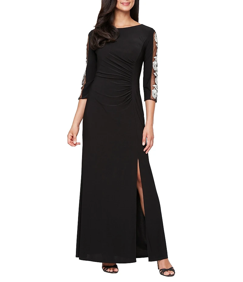 Ignite Evenings Matte Jersey Embroidered 3/4 Sleeve Ruched Gown