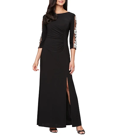 Ignite Evenings Matte Jersey Embroidered 3/4 Sleeve Ruched Gown