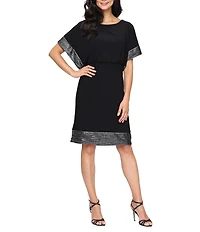 Ignite Evenings Matte Jersey Scoop Neck Short Flutter Sleeve Foil Hem Blouson Dress