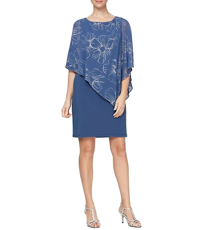 Ignite Evenings Matte Jersey Sheath Dress With Asymmetrical Hem Floral Print Overlay