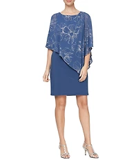 Ignite Evenings Matte Jersey Sheath Dress With Asymmetrical Hem Floral Print Overlay