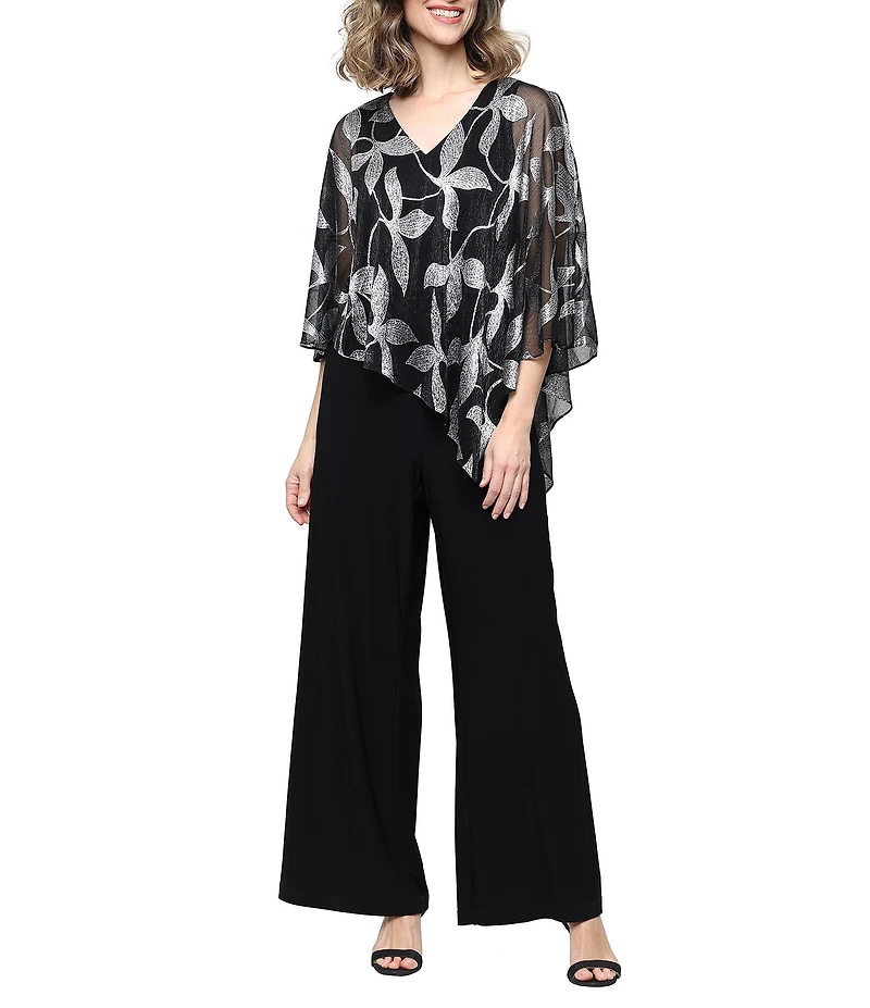 Ignite Evenings Matte Jersey Wide Leg Asymmetrical Foil Overlay Jumpsuit