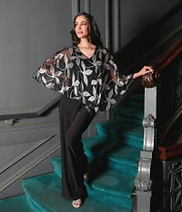 Ignite Evenings Matte Jersey Wide Leg Asymmetrical Foil Overlay Jumpsuit