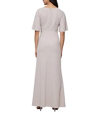Ignite Evenings Metallic Knit L-Neck Short Sleeve Ruched Waist Gown