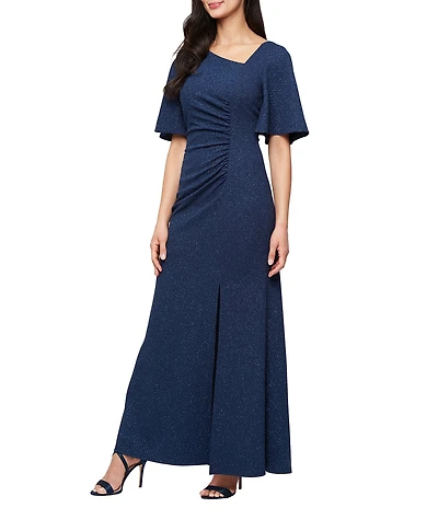 Ignite Evenings Metallic Knit L-Neck Short Sleeve Ruched Waist Gown