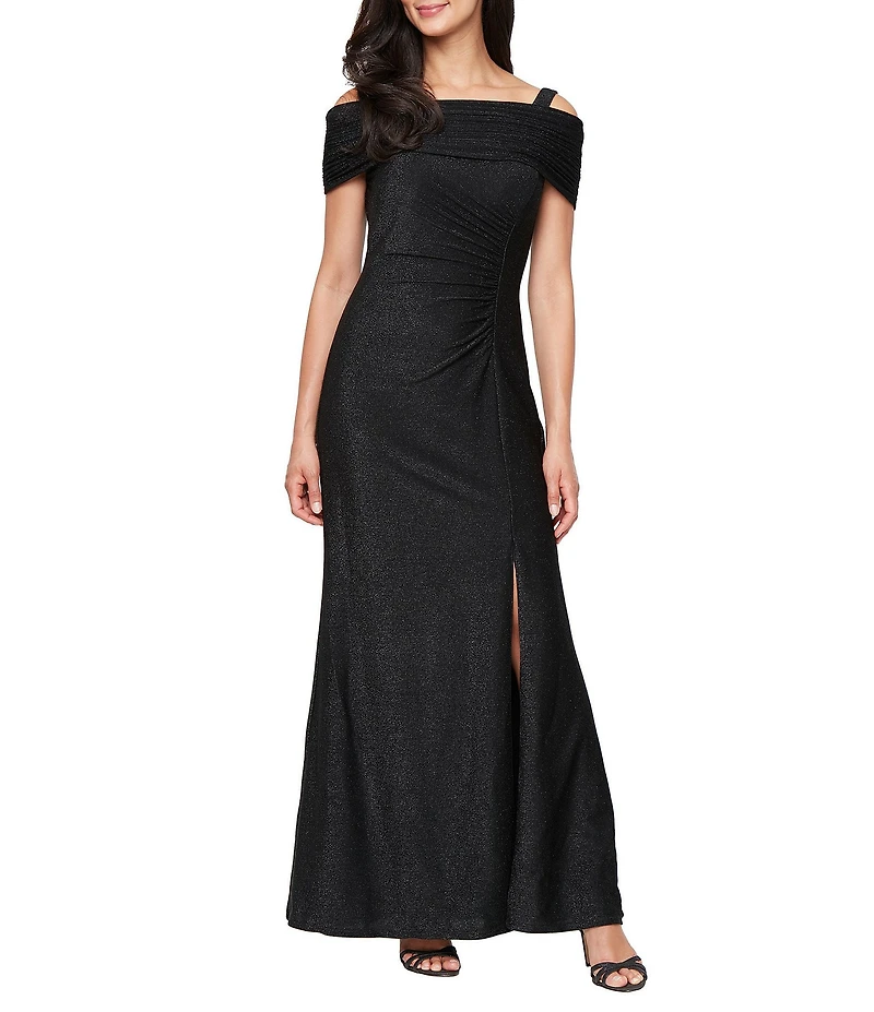 Ignite Evenings Metallic Knit Off The Shoulder Fold Over Cuff Neck Sleeveless Gown