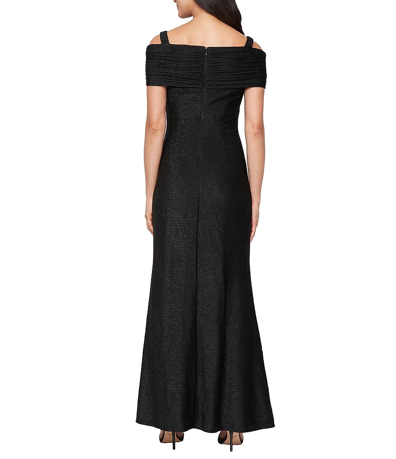 Ignite Evenings Metallic Knit Off The Shoulder Fold Over Cuff Neck Sleeveless Gown