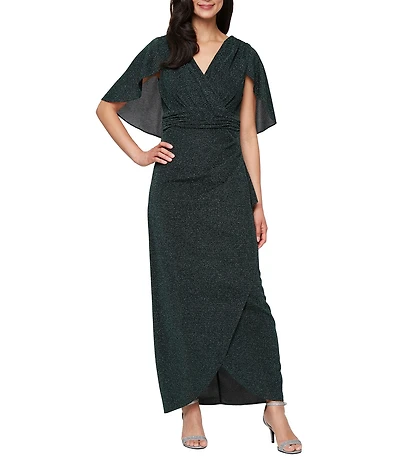 Ignite Evenings Metallic Knit Ruched Waist Short Capelet Sleeve Dress