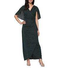 Ignite Evenings Metallic Knit Ruched Waist Short Capelet Sleeve Dress