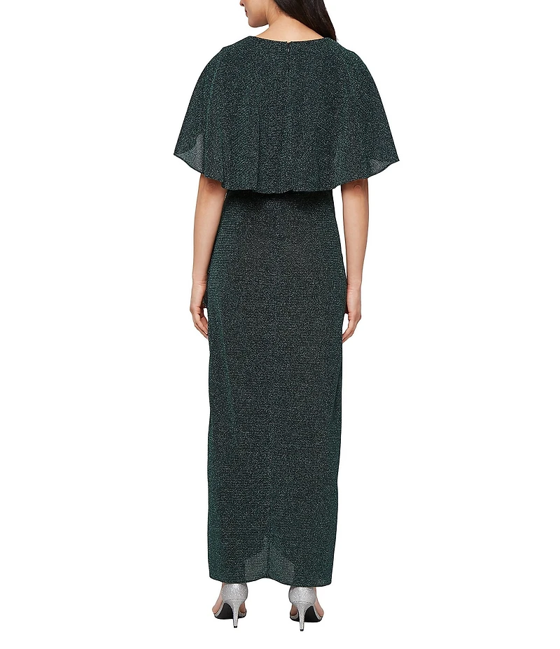Ignite Evenings Metallic Knit Ruched Waist Short Capelet Sleeve Dress