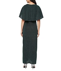 Ignite Evenings Metallic Knit Ruched Waist Short Capelet Sleeve Dress
