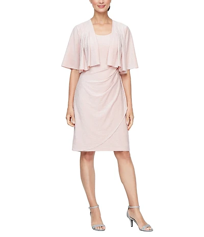 Ignite Evenings Metallic Knit Scoop Neck Flutter Sleeve Hip Embellishment 2-Piece Jacket Dress