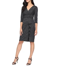 Ignite Evenings Metallic Knit Surplice Neck 3/4 Sleeve Cascade Skirt Sheath Dress