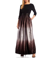 Ignite Evenings Ombre Satin Boat Neck 3/4 Sleeve Tie Waist Pocketed Ball Gown