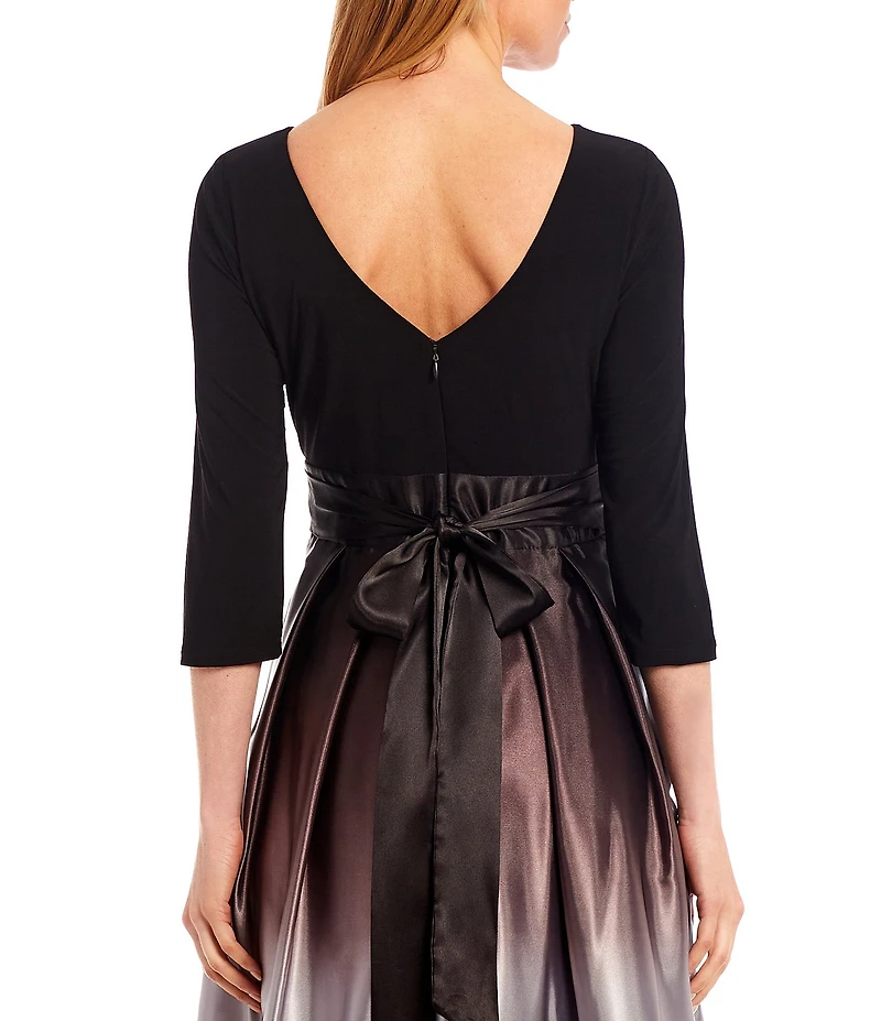 Ignite Evenings Ombre Satin Boat Neck 3/4 Sleeve Tie Waist Pocketed Ball Gown