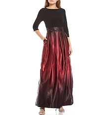 Ignite Evenings Ombre Satin Boat Neck 3/4 Sleeve Tie Waist Pocketed Ball Gown