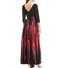 Ignite Evenings Ombre Satin Boat Neck 3/4 Sleeve Tie Waist Pocketed Ball Gown