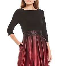 Ignite Evenings Ombre Satin Boat Neck 3/4 Sleeve Tie Waist Pocketed Ball Gown