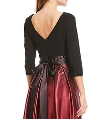 Ignite Evenings Ombre Satin Boat Neck 3/4 Sleeve Tie Waist Pocketed Ball Gown