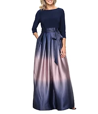 Ignite Evenings Ombre Satin Boat Neck 3/4 Sleeve Tie Waist Pocketed Ball Gown