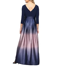 Ignite Evenings Ombre Satin Boat Neck 3/4 Sleeve Tie Waist Pocketed Ball Gown
