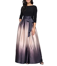 Ignite Evenings Ombre Satin Boat Neck 3/4 Sleeve Tie Waist Pocketed Ball Gown